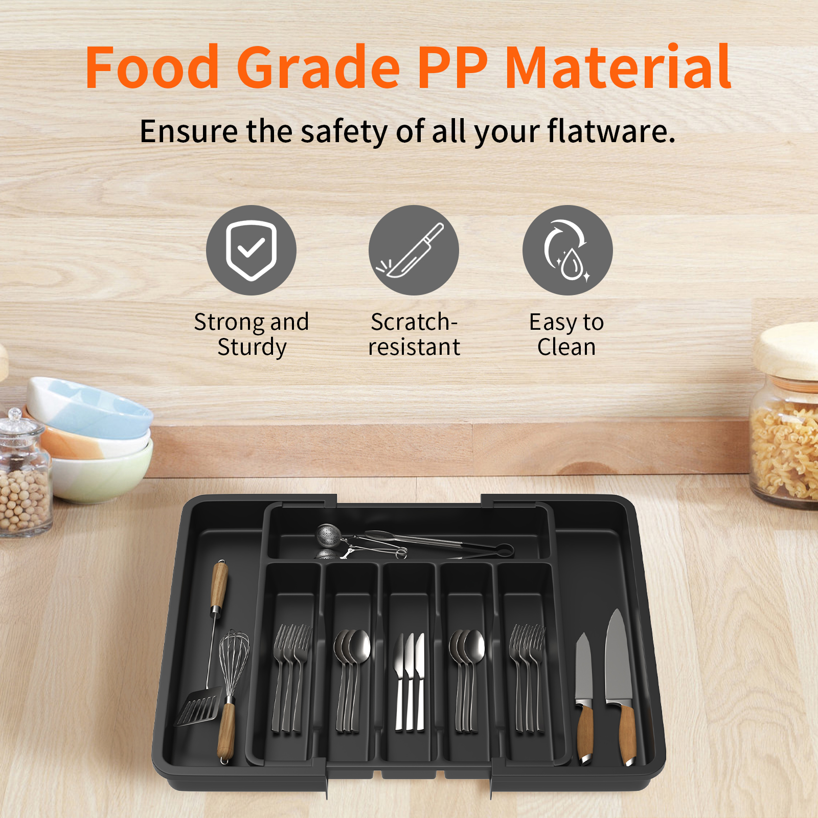VickyHome Vassoio per utensili, Vassoio per posate da cucina, Organizzatore per cassetti per utensili in legno, Vassoio per posate espandibile a 8 scomparti