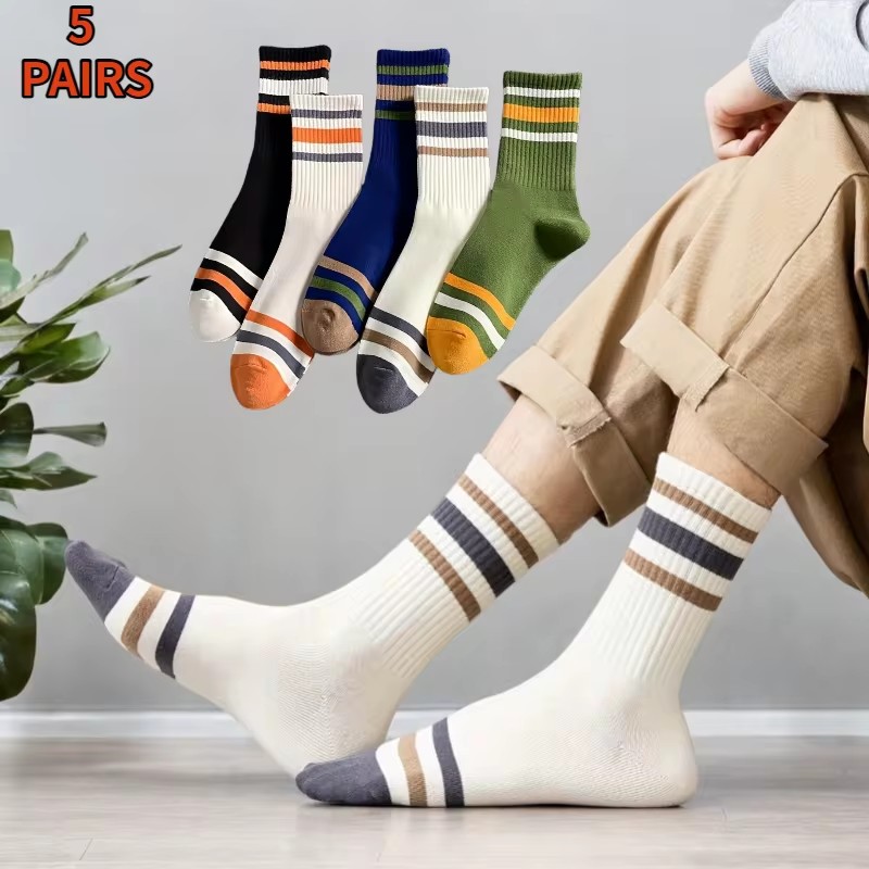 5 Pairs Men's Colorful Striped Casual Socks, Fashionable Sports Socks, Sweat Absorbing And Breathable, Suitable For All Seasons