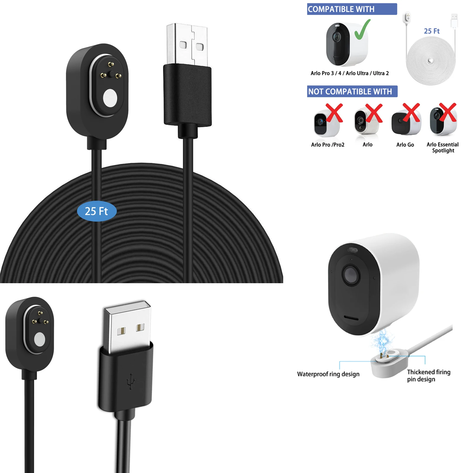 Всепогодный уличный зарядный кабель длиной 25 футов/7,6 м для Arlo Ultra/Ultra 2/Pro 3/Pro 4/Go 2/PRO 5S (черный)