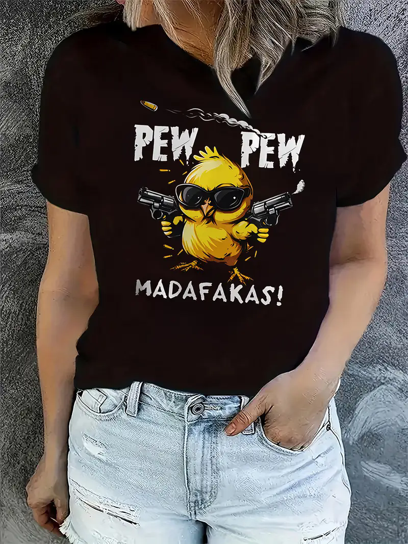 Dames Casual Grafisch T-shirt met Speelse Kuiken PEW PEW MADAFAKAS Print T-shirt met korte mouwen Kleding Top Tee