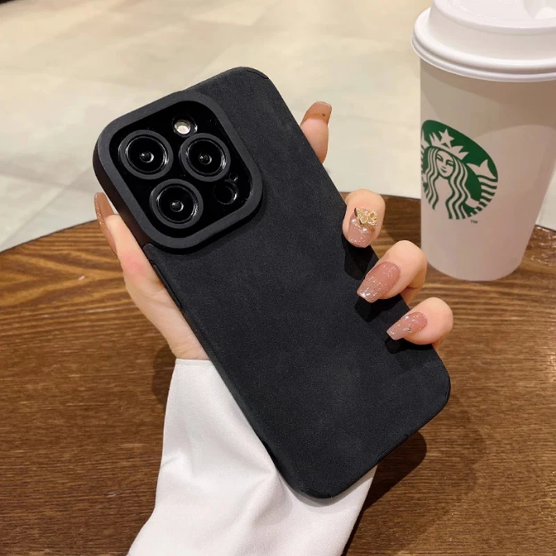 iPhone 15 14 13 12 11 Pro Max Plus 카메라 보호 충격 방지 실리콘 소프트 커버 용 고급 매트 피질 가죽 전화 케이스