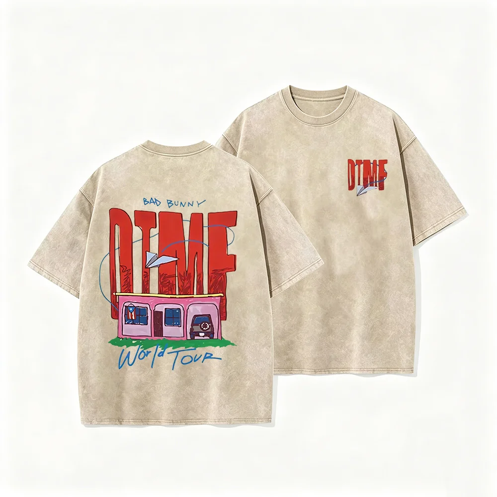 Винтажная футболка 2026 года с эффектом потертости, бежевая, с принтом Bad Bunny DTMF World Tour, унисекс, повседневная уличная одежда