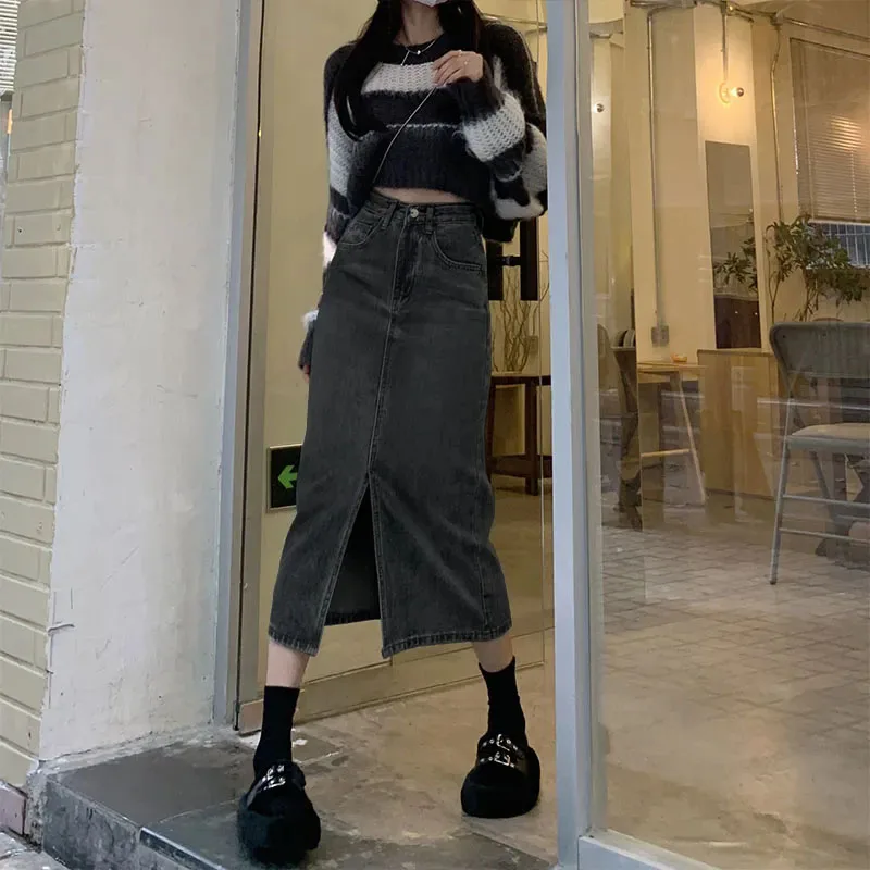 Lucyever Vintage Blue Front Slit Denim Skirt Women 2025 Spring Fashion High Waist Midi Skirts Female Casual Straight Long Skirt