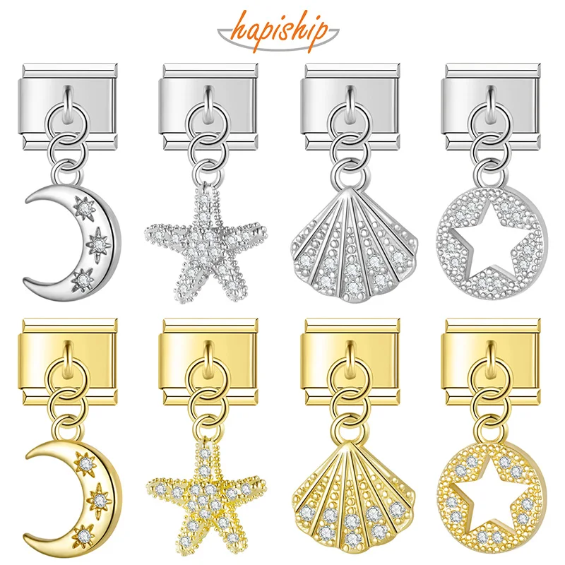 Hapiship 2023 New Daisy Fashion Moon Star Shell Dazzling CZ Italian Charm Links Fit 9mm Bracelet Jewelry DIY Making DJ620