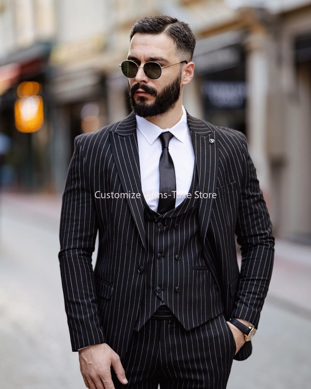 Hochwertige schwarze Nadel streifen Männer Anzüge Einreiher Peak Revers formelle Hochzeit 3 Stück Jacke Hosen Weste Slim Fit Blazer Set