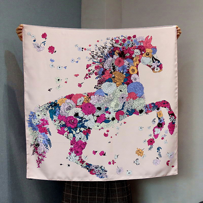 100% Mulberry Silk Big Square Scarf 90X90cm Vintage Flower Spliced Horse Print Neck Wrap Shoulder Shawl Bag Decor Ladies Present