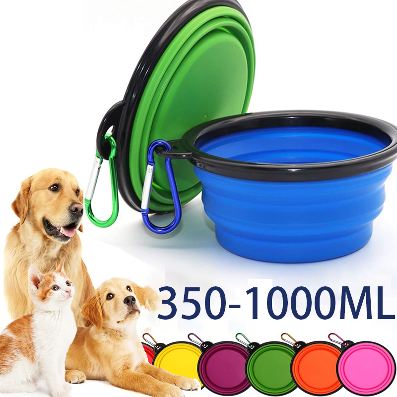Alimentador portátil plegable de silicona para perros y gatos, tazón 2 en 1, dispensador de mascotas para viajes al aire libre, botella con mosquetón, contenedor de agua y comida