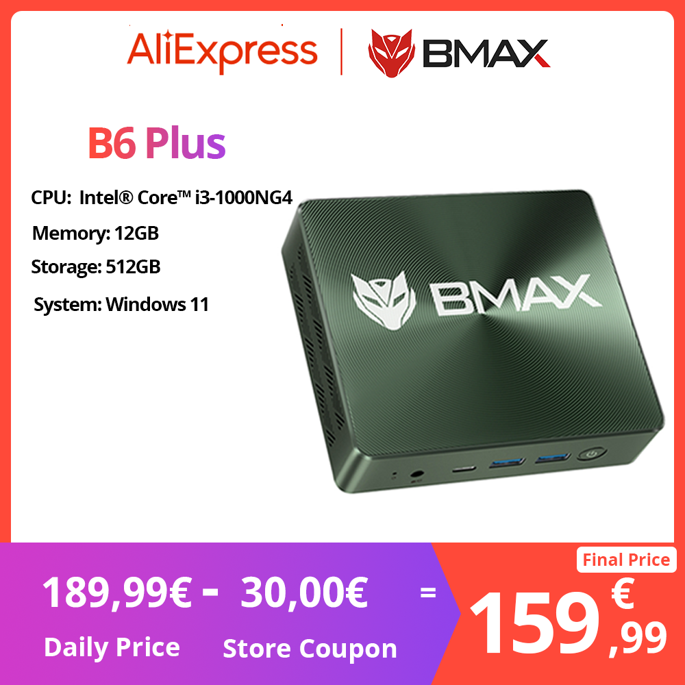 BMAX B6 Plus Mini PC Intel Core i3-1000NG4 até 3,2 GHz, 12 GB LPDDR4 512 GB SSD Wi-Fi 5 BT 4,2 3,5 mm Áudio Windows 11 Pro