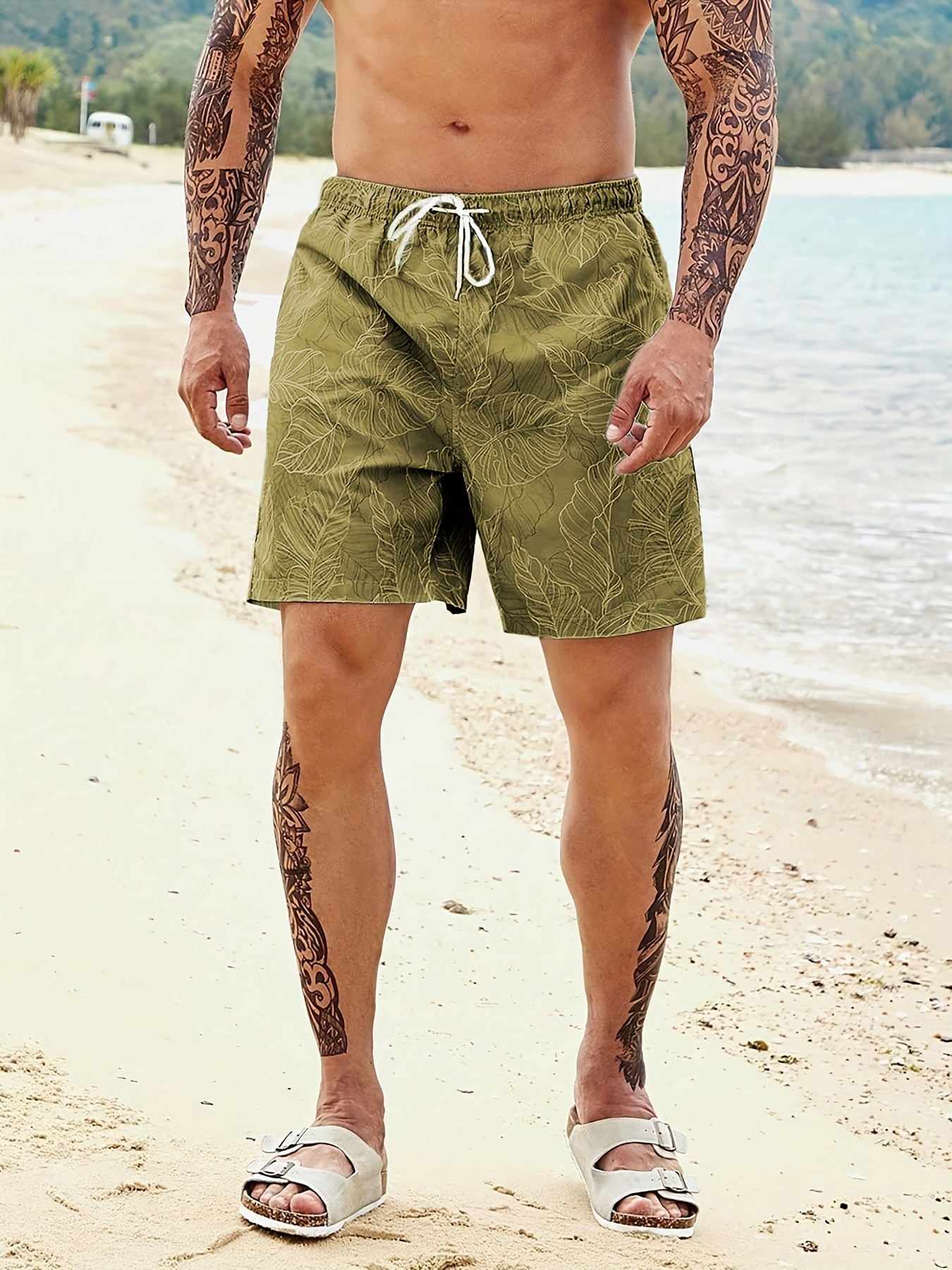 Men's Olive Green Subtle Tropical Leaf Line Print Quick Dry Swim Shorts, Drawstring Beach Trunks with Pockets
