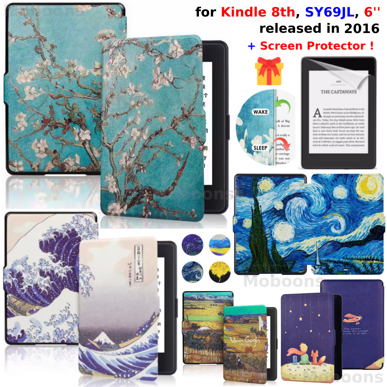 Funda para Kindle de 8. a generación + Protector de pantalla de 6 pulgadas 2016 SY69JL Funda de cuero PU Wake/Sleep Ebook accesorios de piel Funda