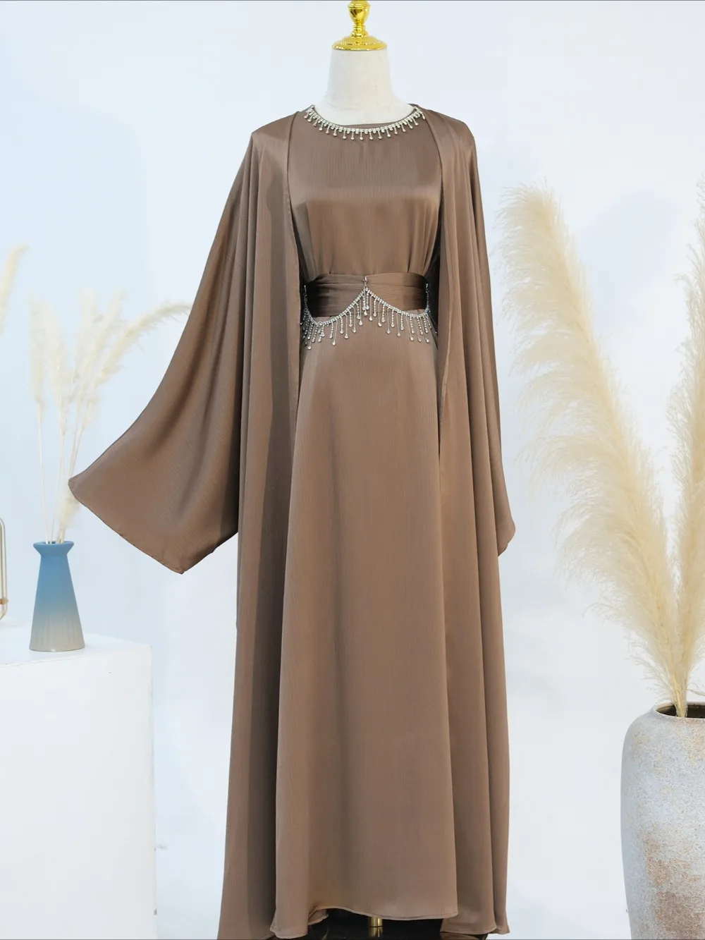Ramadán mujeres musulmanas conjunto de 2 piezas con cadena vestidos de fiesta Abaya Eid Jalabiya fajas diamante Marruecos Dubai Kaftan Cardigan Robe