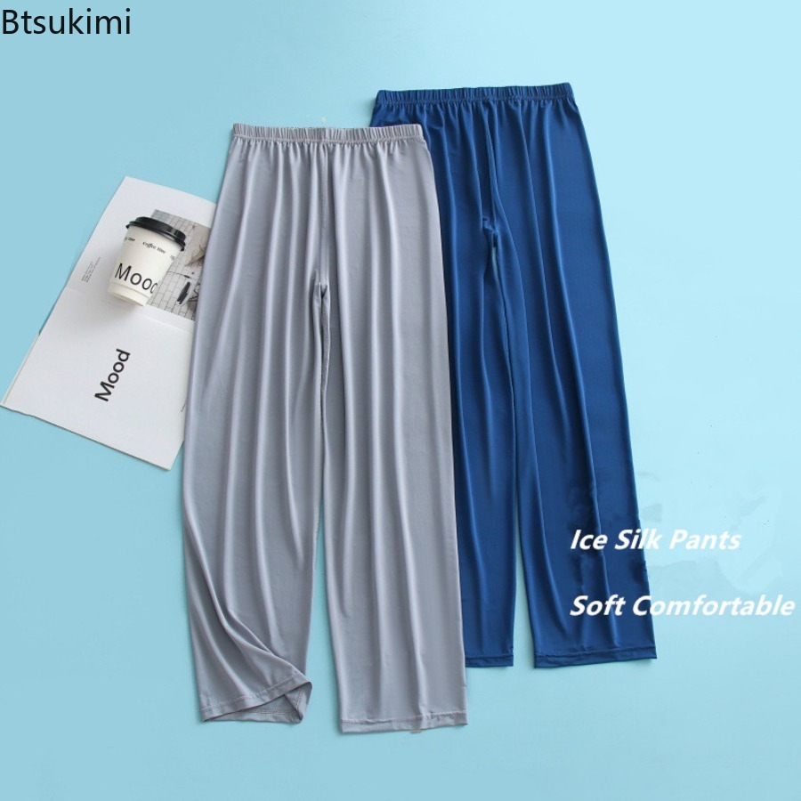 Calças de pijama de seda gelo masculinas, tamanho grande 5xl, verão, finas, para casa, confortáveis, sensação fresca, calças de dormir masculinas