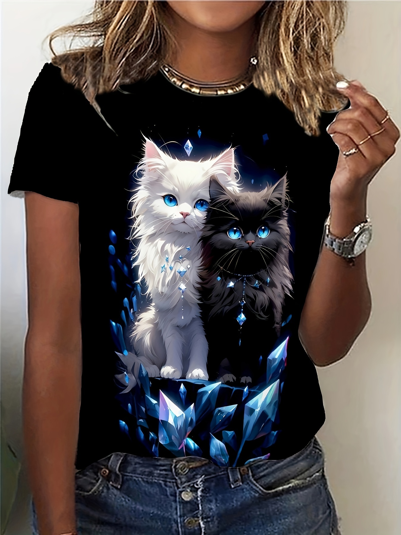 T-shirt da donna - Grafica di gatti di cristallo bianco e nero, design felino luminoso mistico per l'uso quotidiano casual