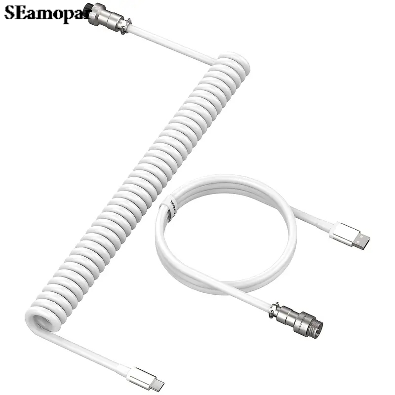 Cable de teclado en espiral tipo C a USB-A Cable de teclado mecánico desmontable Metal aviador Cable de doble manga para teclado de juegos
