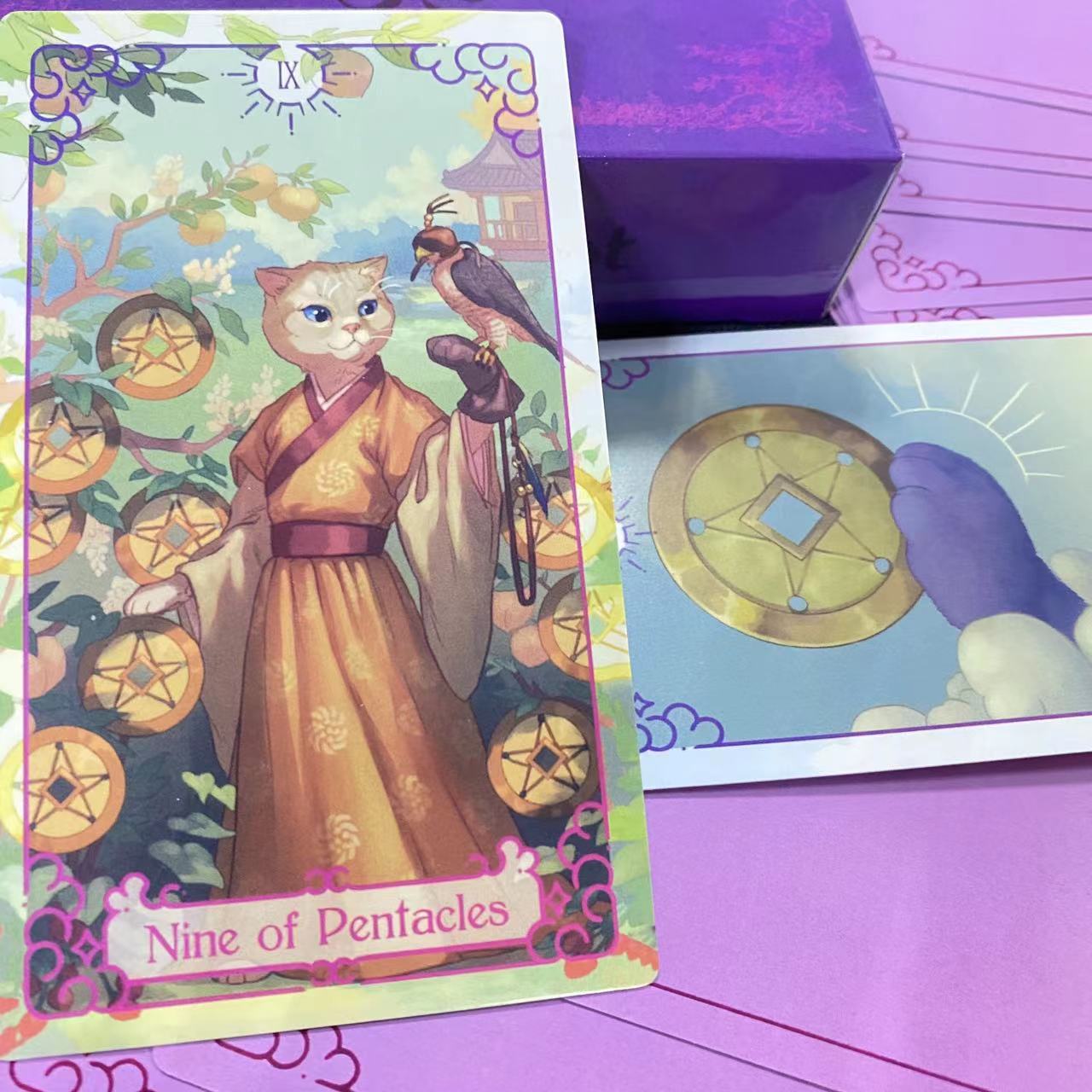 Baralho de tarô de gato roxo 12x7 cm 78 unidades de cartas com guia para iniciantes