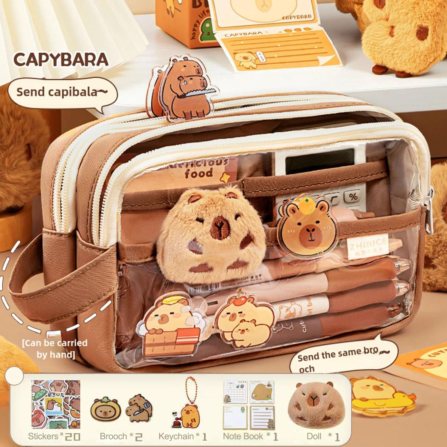 กระเป๋าดินสอ Capybara น่ารักอุปกรณ์การเรียนกระเป๋าดินสอความงามที่ชัดเจนพร้อมหมุด Capybara น่ารักและสติกเกอร์ตุ๊กตาและแผ่นบันทึก