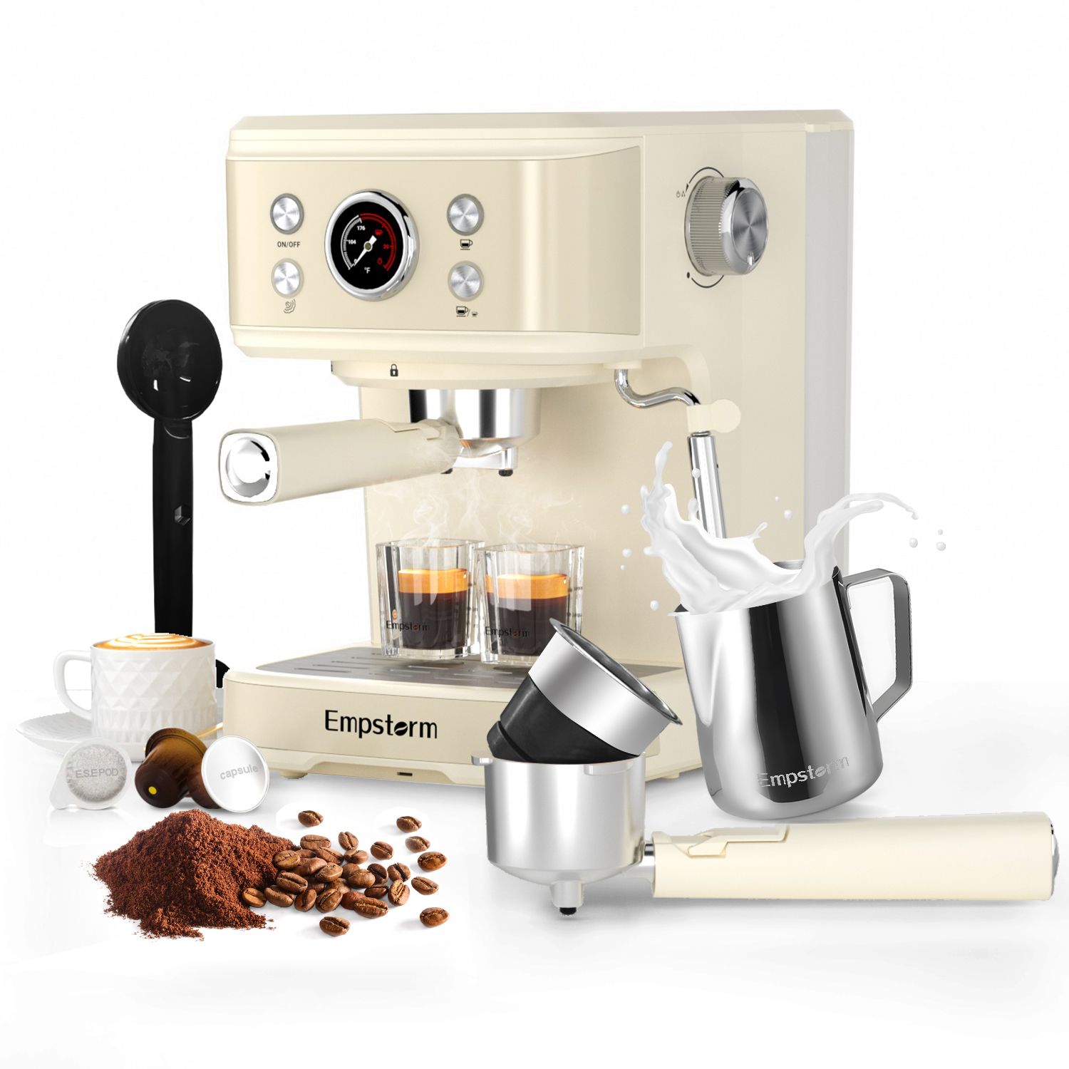 Empstorm máquina comercial de capuchino, cafetera expreso con filtro de acero inoxidable, 20 bar, 2 tazas, uso doméstico