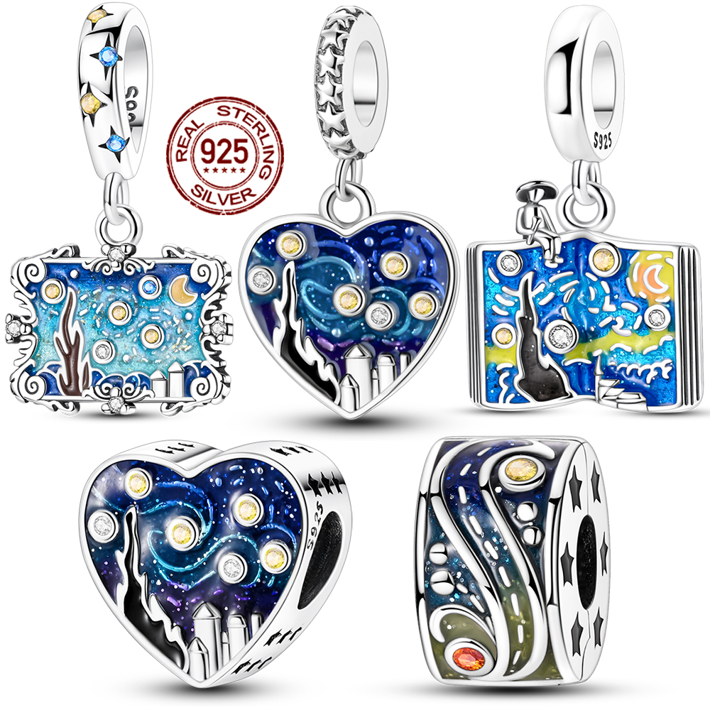 Offre spéciale nouveau 925 en argent Sterling Van Gogh ciel étoilé série pendentif breloques bijoux ajustement Original 925 Bracelet pour les femmes bricolage cadeau