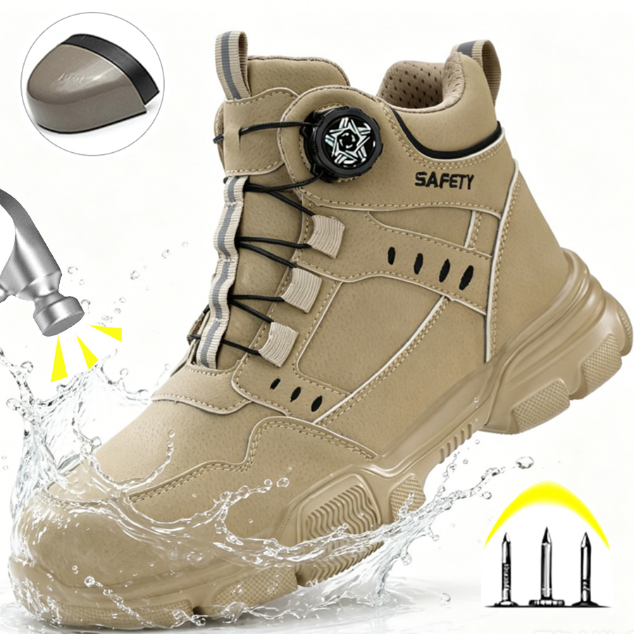 Bottes de sécurité en cuir hydrofuge pour hommes, légères, avec embout en acier anti-écrasement et anti-perforation, durables, pour le travail industriel et en extérieur