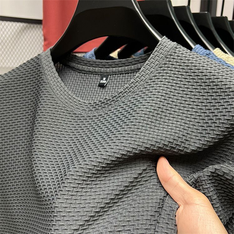 Camiseta de seda helada de malla para hombre, camiseta de manga corta con cuello redondo, camisetas finas de Color sólido de media manga para verano 2023