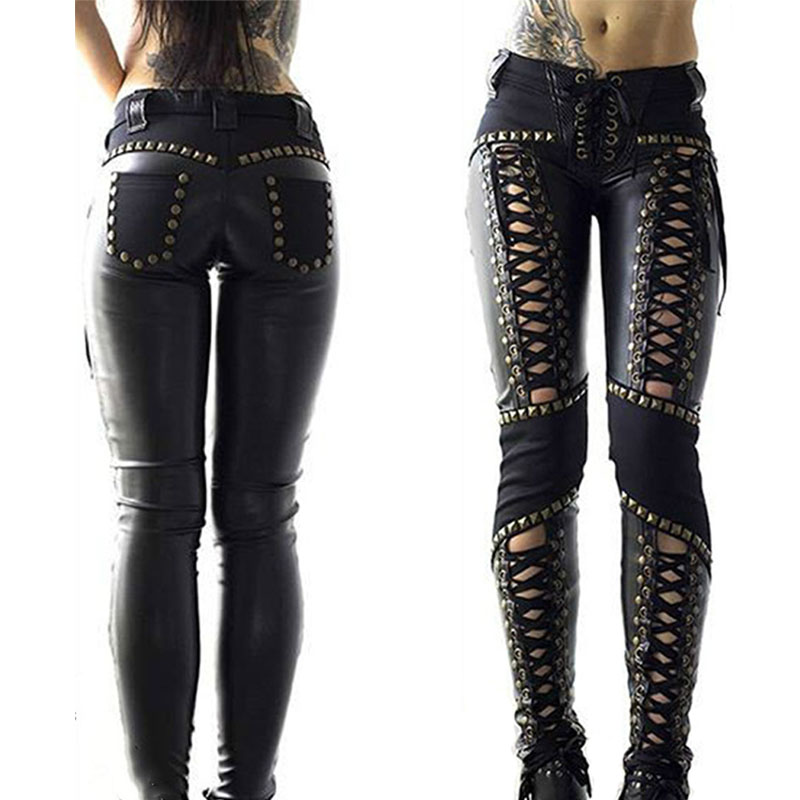 Calças femininas punk rock imitação de couro lápis calças novas sexy oco para fora bandagem leggings streetwear calças femininas