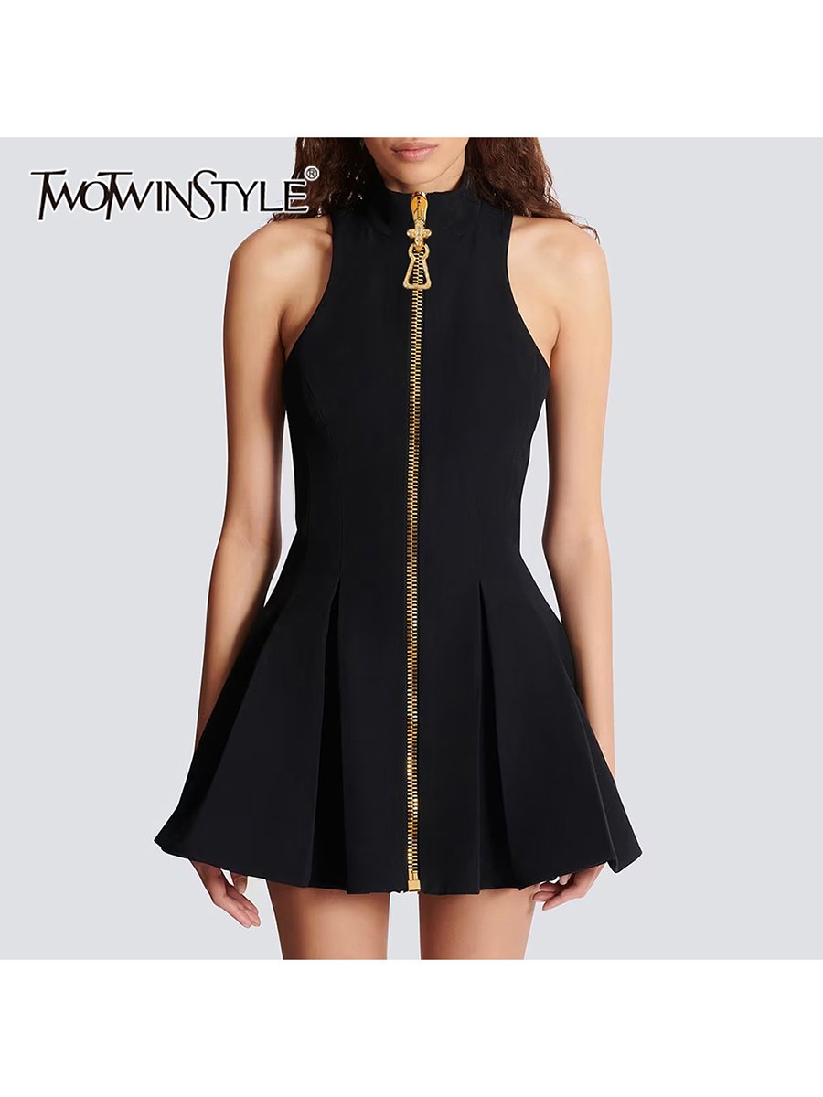 TWOTWINSTYLE Afslanken Gesplitste Rits Mode Mini Jurken voor Vrouwen Hoge Hals Mouwloze Hoge Taille Patchwork Plooien Jurk Vrouwelijke