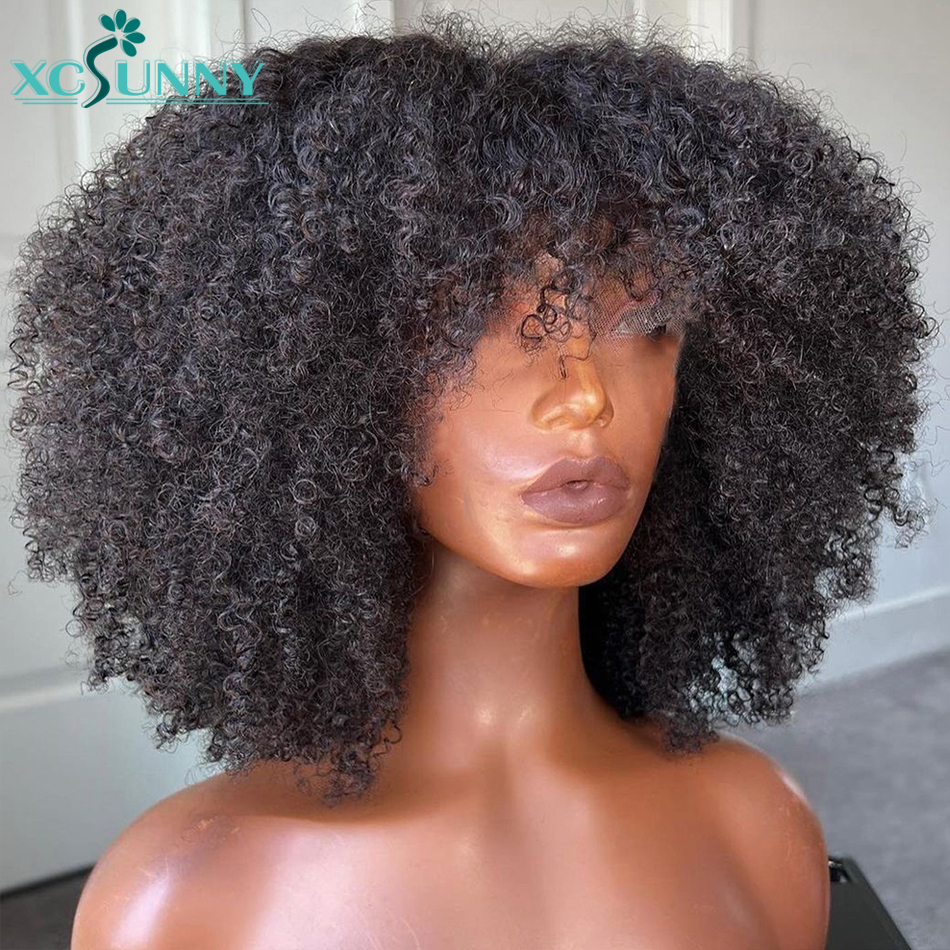 Afro-Perücke, verworren, lockig, mit Pony, komplett maschinell hergestellt, Kopfhaut-Top-Perücke, 200 Dichte, brasilianische kurze lockige Pony-Perücke, Echthaar, Xcsunny