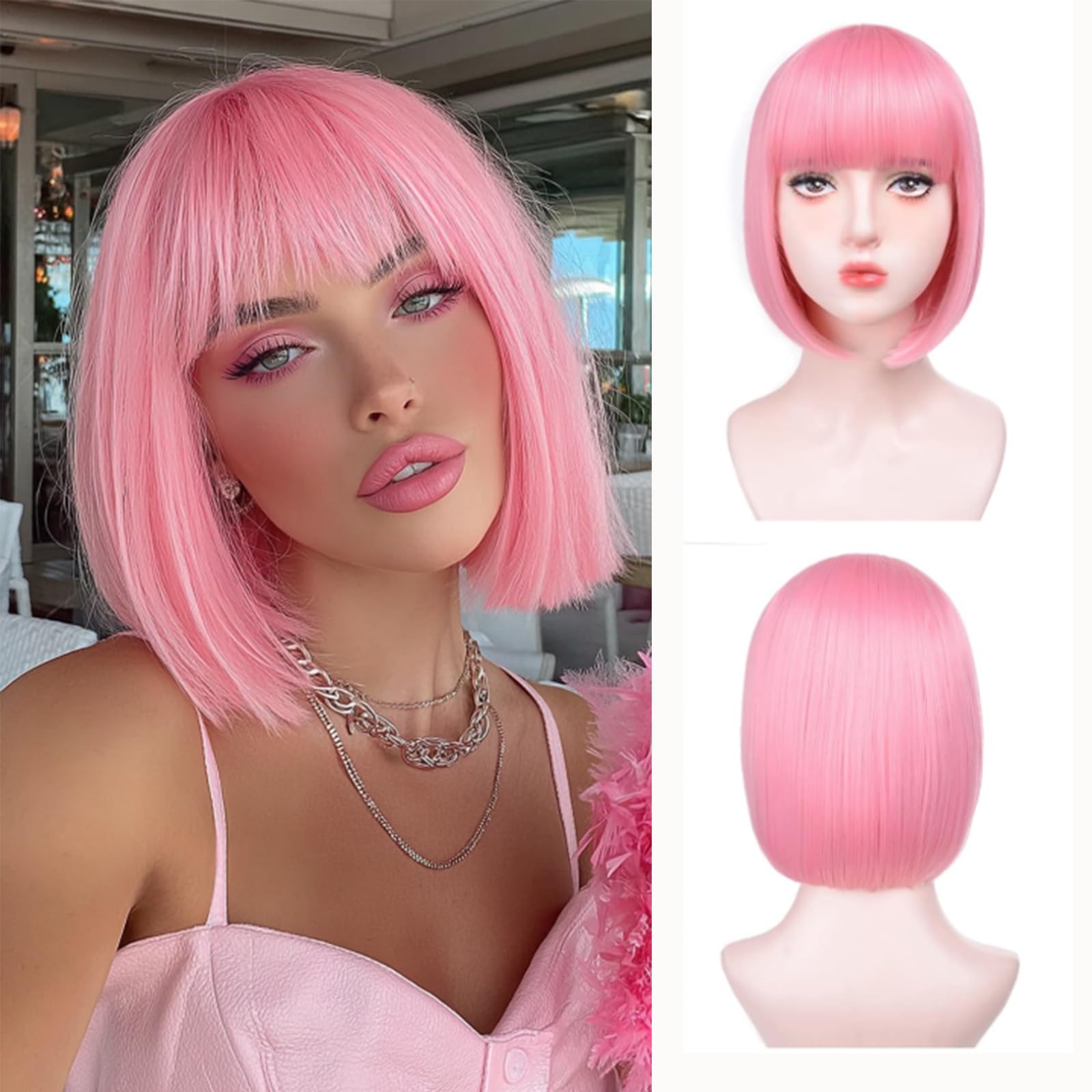 วิกผมสังเคราะห์ทรงบ๊อบสีชมพูทันสมัยสำหรับงานปาร์ตี้ วิกผมคอสเพลย์ฮาโลวีน ชุดวิกผมเครื่องประดับผมทนความร้อนสูงสำหรับใช้ในชีวิตประจำวัน