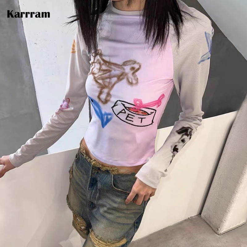 Karrram-Camiseta con estampado de Graffiti Y2k, Tops de malla de retazos de estilo coreano, Tops cortos de manga larga de moda Kpop, camiseta japonesa Harajuku