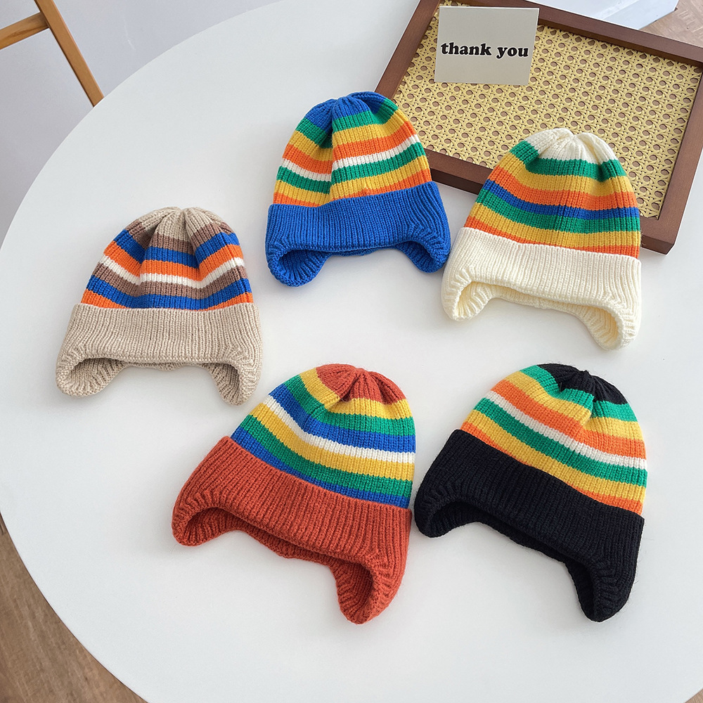 Inverno bebê malha chapéu coreano listrado arco-íris gorro para a criança meninos meninas colorido crianças quente proteção de orelha bonés bonnet