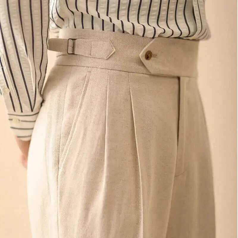 Lniane proste spodnie dla mężczyzn 2024 Summer Business Gentleman Naples Pant Paris Buckle Drape High Waisted Trousers Men Formal Pant