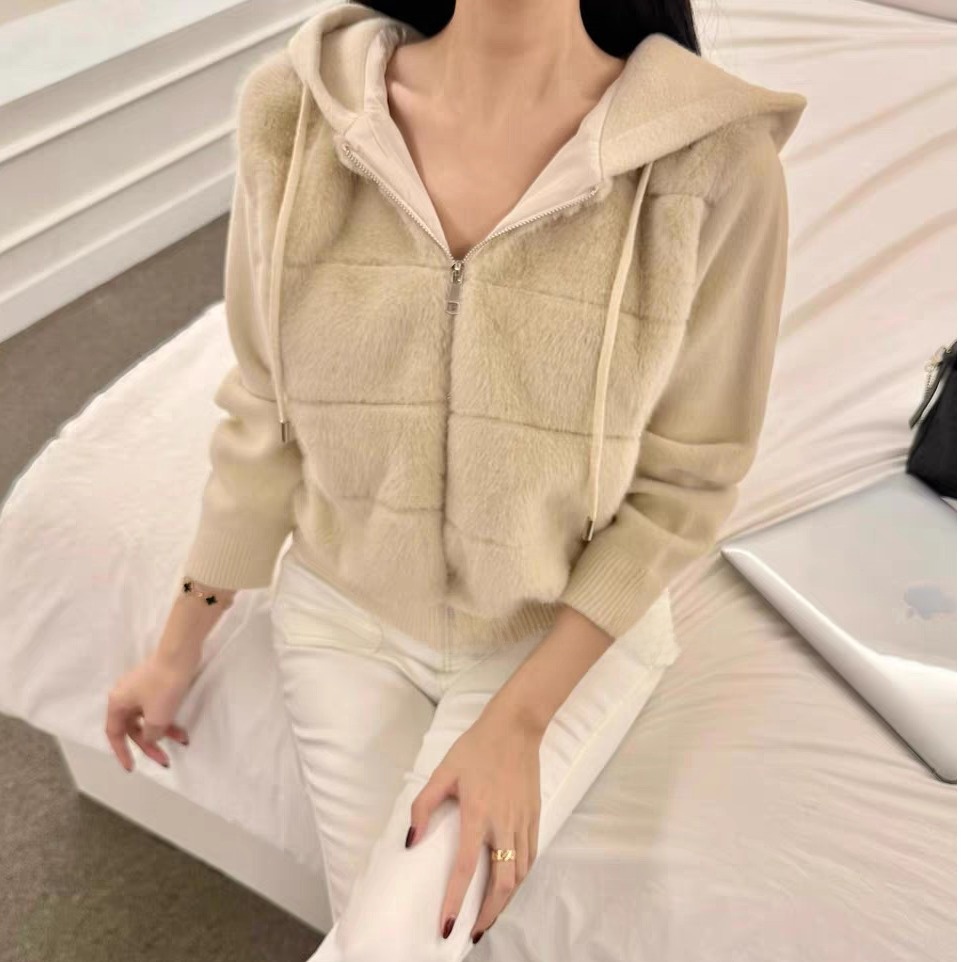 Women's Soft Faux Fur Knitted Jaet Autumn Winter New Sle Pure Desire Sle Splicing Design Long Sve Cotton Coat
