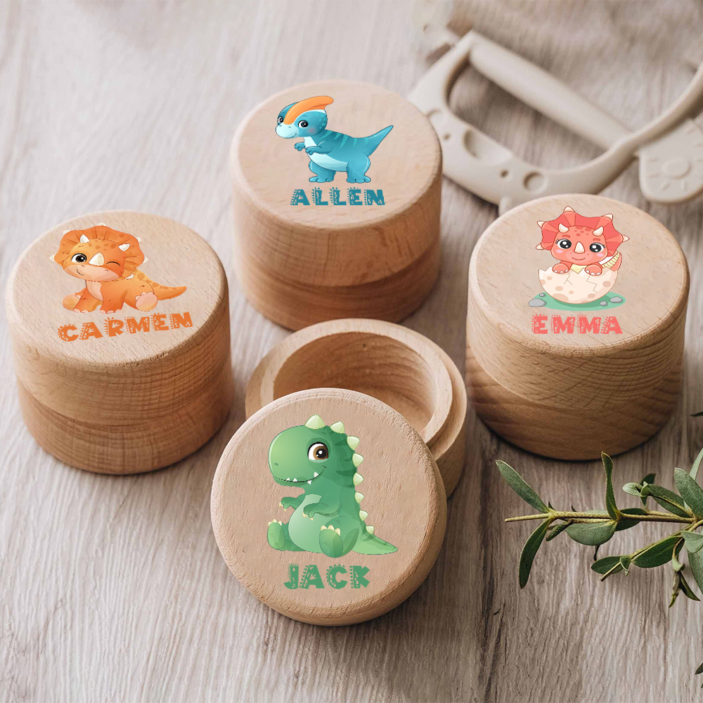 Caja de dientes de dinosaurio personalizada con nombre, recuerdo de bebé, pelo rizado Umbilical, estuche de recogida de madera, regalo de ducha de bautismo infantil