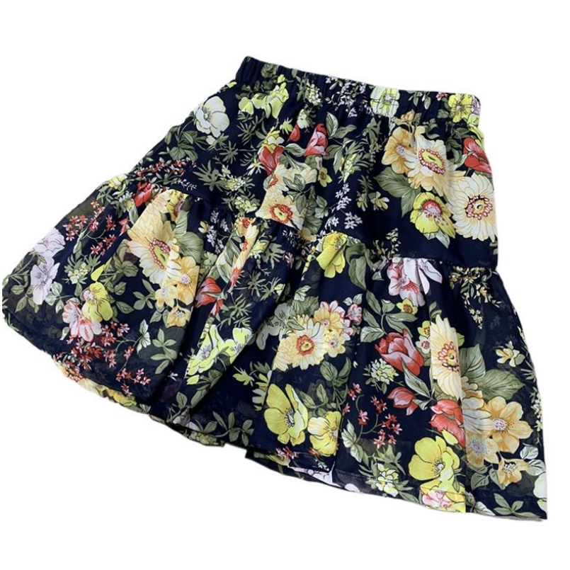 2026 Neue Damen Frühlingsröcke aus Chiffon mit Blumenmuster, süße Boho-Plisseeröcke mit Rüschen, Übergrößen, koreanische Blumen-Partyröcke M-5XL 6XL 7XL
