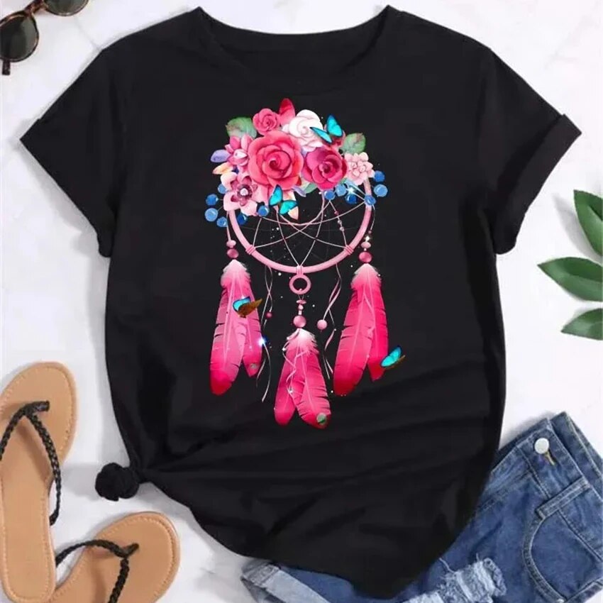 T-shirt plume Dreamcatcher pour femme, t-shirts graphiques Harajuku, chemise ReplCatcher, vêtements à la mode, Y
