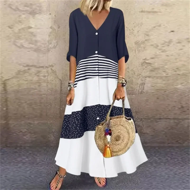Plus Size Zomer Damesmode Jurk Met Korte Mouwen V-Hals Bedrukt Lange Elegante Losse Jurk Met Casual Grote Damesjurk