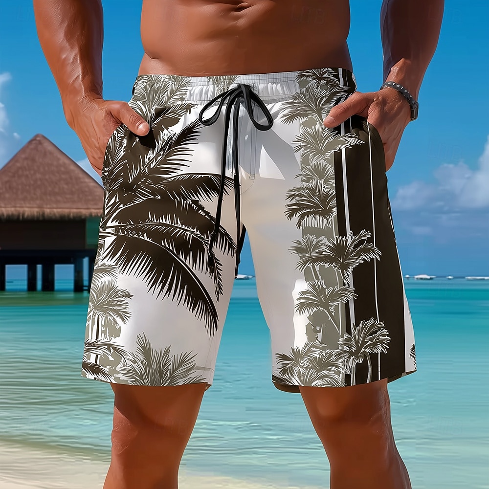 Bermudas Casuais Masculinas com Estampa de Coqueiro, Cintura Média, Estilo Havaiano, Cós com Cordão, Bolsos Laterais, Roupa de Férias para Primavera e Verão