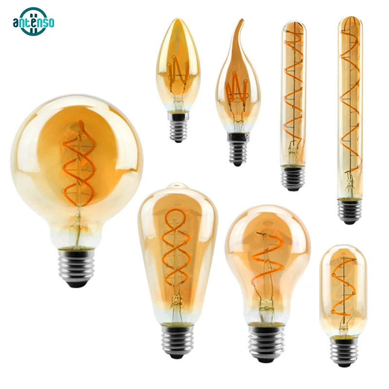 レトロエジソン LED スパイラルフィラメント電球 E27 E14 ランプ 220V 4 ワット A60 C35 ST64 T225 G45 G80 G95 G125 ガラス電球ヴィンテージキャンドルライト