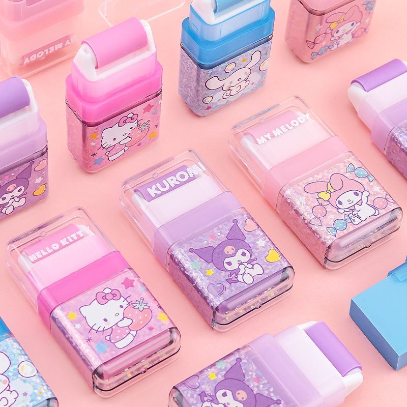 Sanrio All-Star-Radiergummi für Studenten, Cartoon-Stil, niedlich, Kuromi Cinnamoroll My Melody Hello Kitty Pompompurin, Rollenaufbewahrungs-Radiergummi, Geschenk