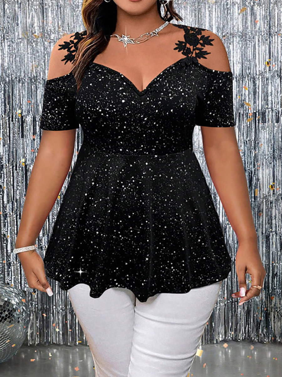 Blusa Glamourosa de Festa Plus Size com Glitter e Ombros Descobertos, Top Elástico para Noite
