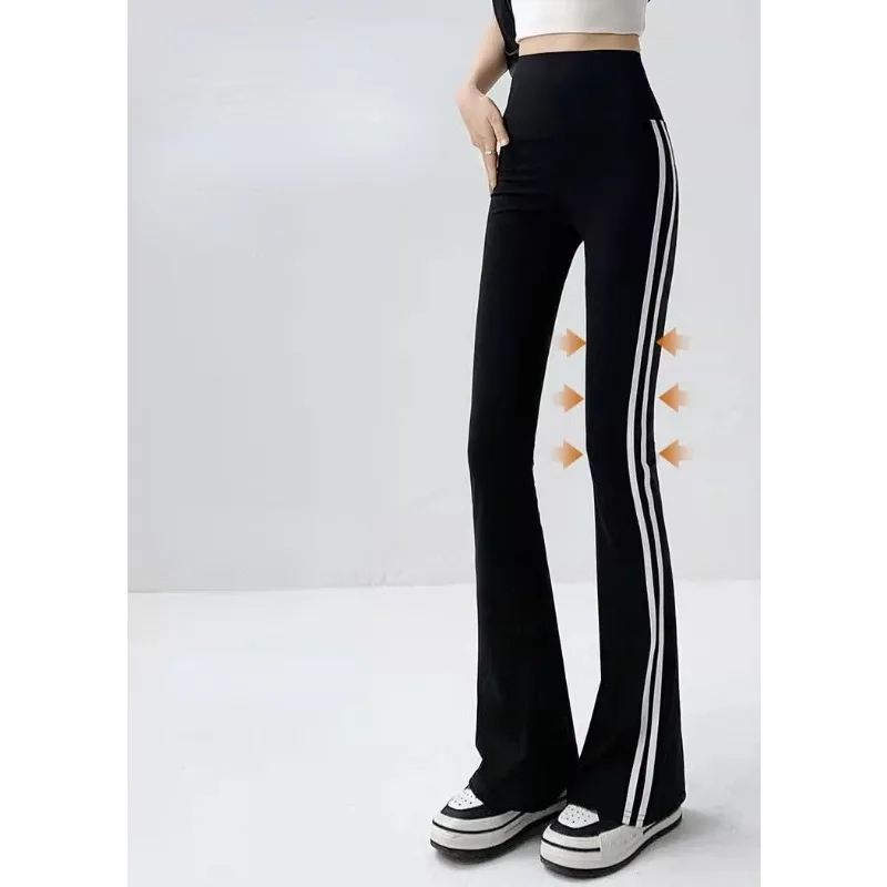 Fashion Stripe Flared Shark Pants Female Thin Style Leggings High Waist Hip Liftting Workout Running  Skinny Yoga Leggings