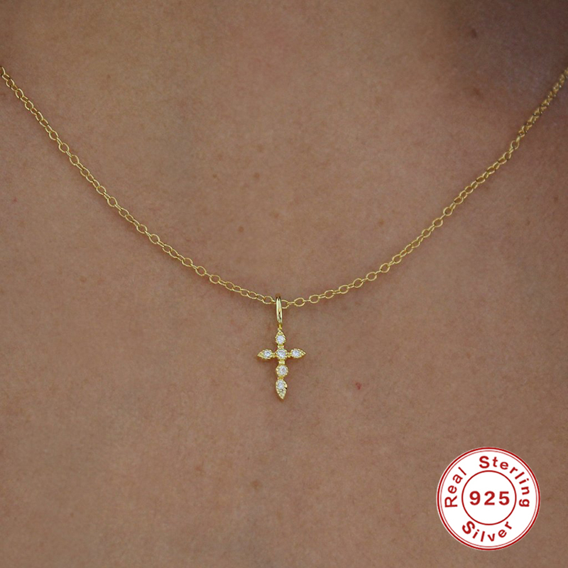 Aide Halsketten-Anhänger aus 925er-Sterlingsilber für Damen, Kristallkreuz, Schlüsselbeinkragen, einfache Halsband-Halskette, Zubehör, Geschenk