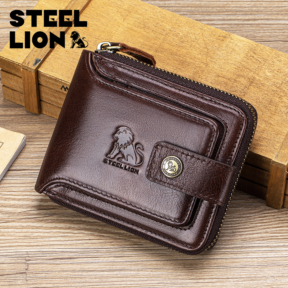 STEEL LION กระเป๋าสตางค์หนังแท้สำหรับผู้ชาย หนังวัวชั้นแรก ช่องใส่เหรียญ ซิปความจุขนาดใหญ่ สไตล์ยุโรปและอเมริกันย้อนยุค