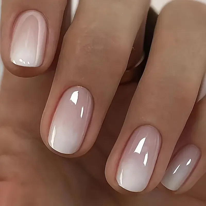 Juego de Uñas Postizas Brillantes Ovaladas Cortas con Brillo y Gradiente Francés, Puntas de Uñas Reutilizables de Cobertura Completa con Pegamento para Mujeres y Niñas