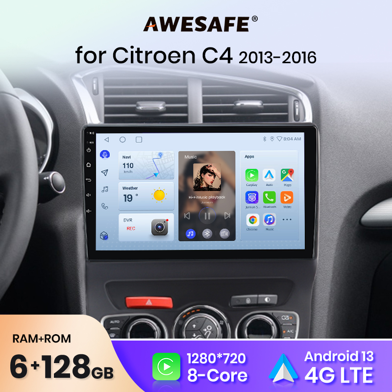 AWESAFE PX9 Plus Radio samochodowe do Citroen C4 2 B7 2013-2016 bezprzewodowe CarPlay Android Auto nr 2 din 2din DVD