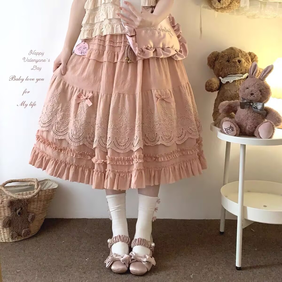 Falda Midi Lolita para mujer, faldas largas con volantes y lazo Floral de encaje bordado Vintage, falda Y2k rosa elegante de pradera Kawaii
