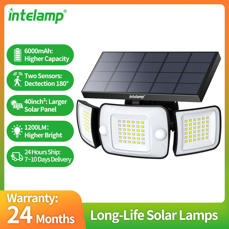 Intelamp, Marca Líder, Lámparas Solares para Exteriores de 6000 mAh con Panel Solar Súper Grande, Lámpara de Pared con Dos Sensores de Movimiento para Jardín, Patio, Garaje