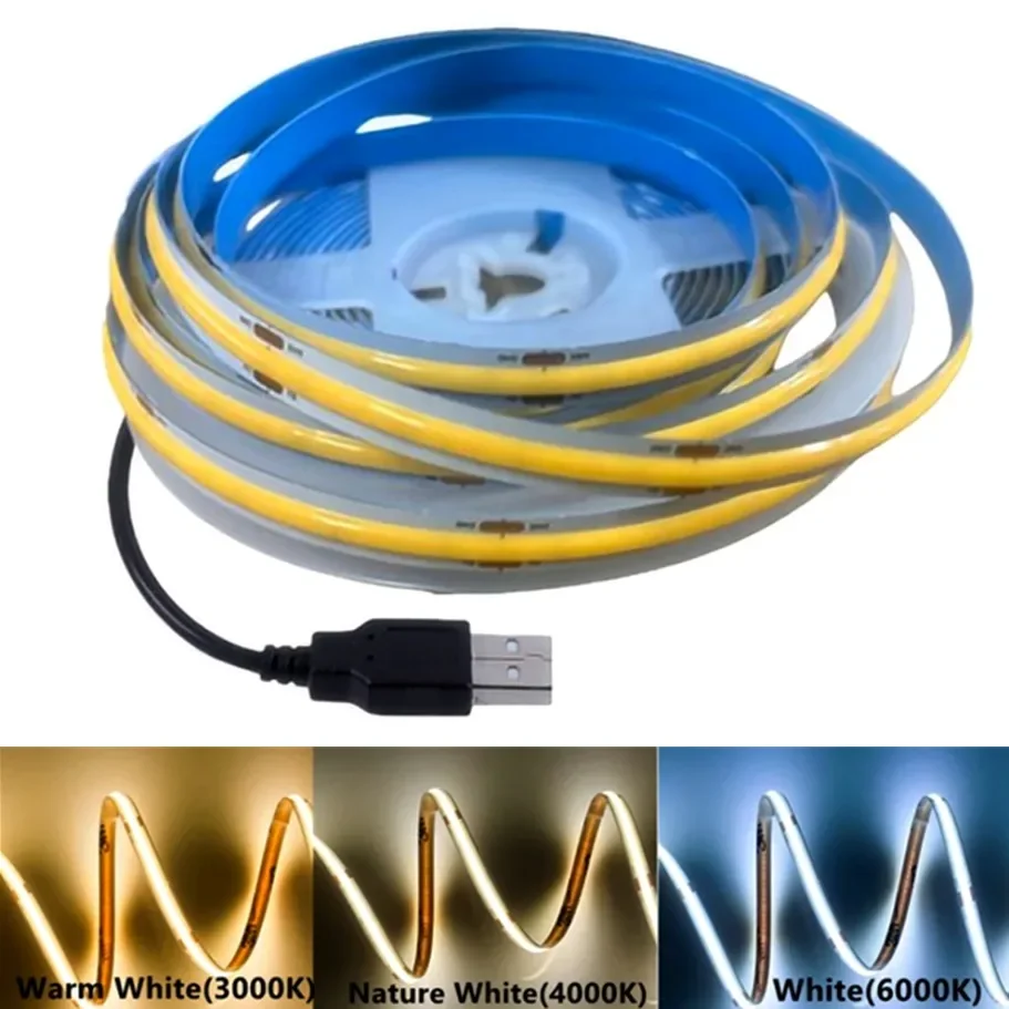Tira de luces LED COB DC5V con fuente de alimentación USB, lámpara LED Flexible de alta densidad de 320LED/m, tira de luces COB de 3000K/4500K/6500K
