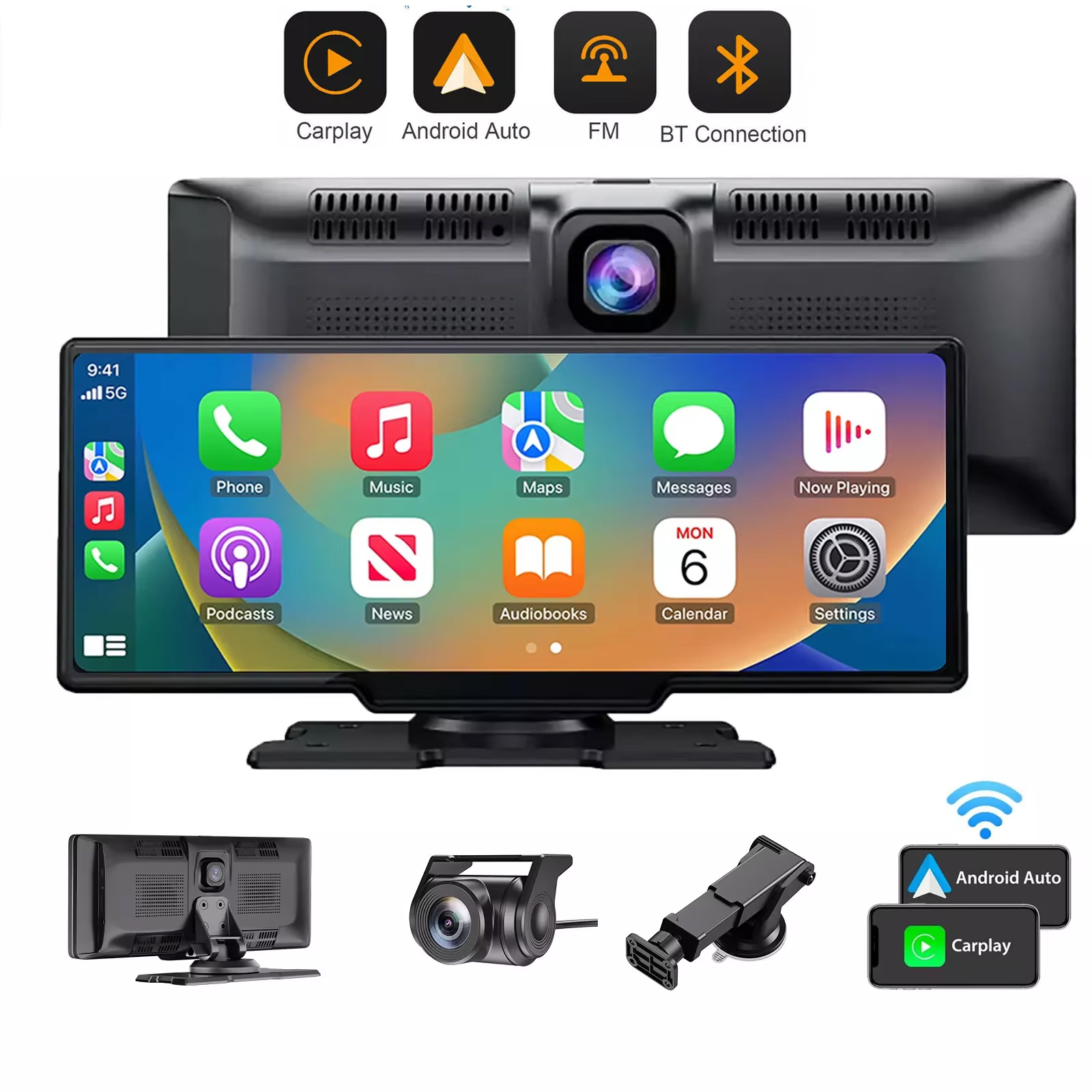 4K 10,26" Écran Tactile Caméra de Tableau de Bord Voiture Apple CarPlay Android Auto Sans Fil Double Objectif Enregistreur Vidéo Dash Cam DVR Pour ISO Android