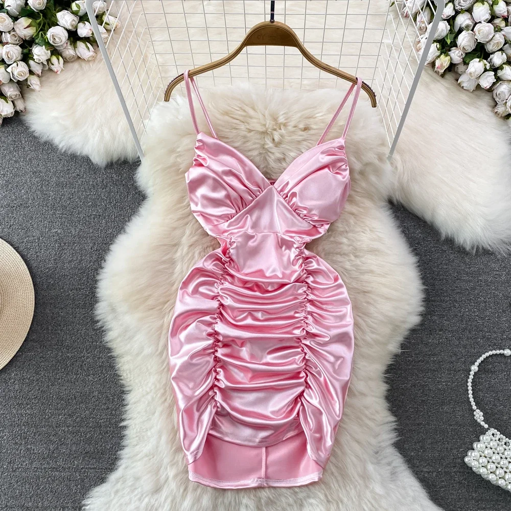 Robe plissée en Satin, bretelles Spaghetti, slim, couleurs unies, élégante, taille haute, élastique, livraison directe, été